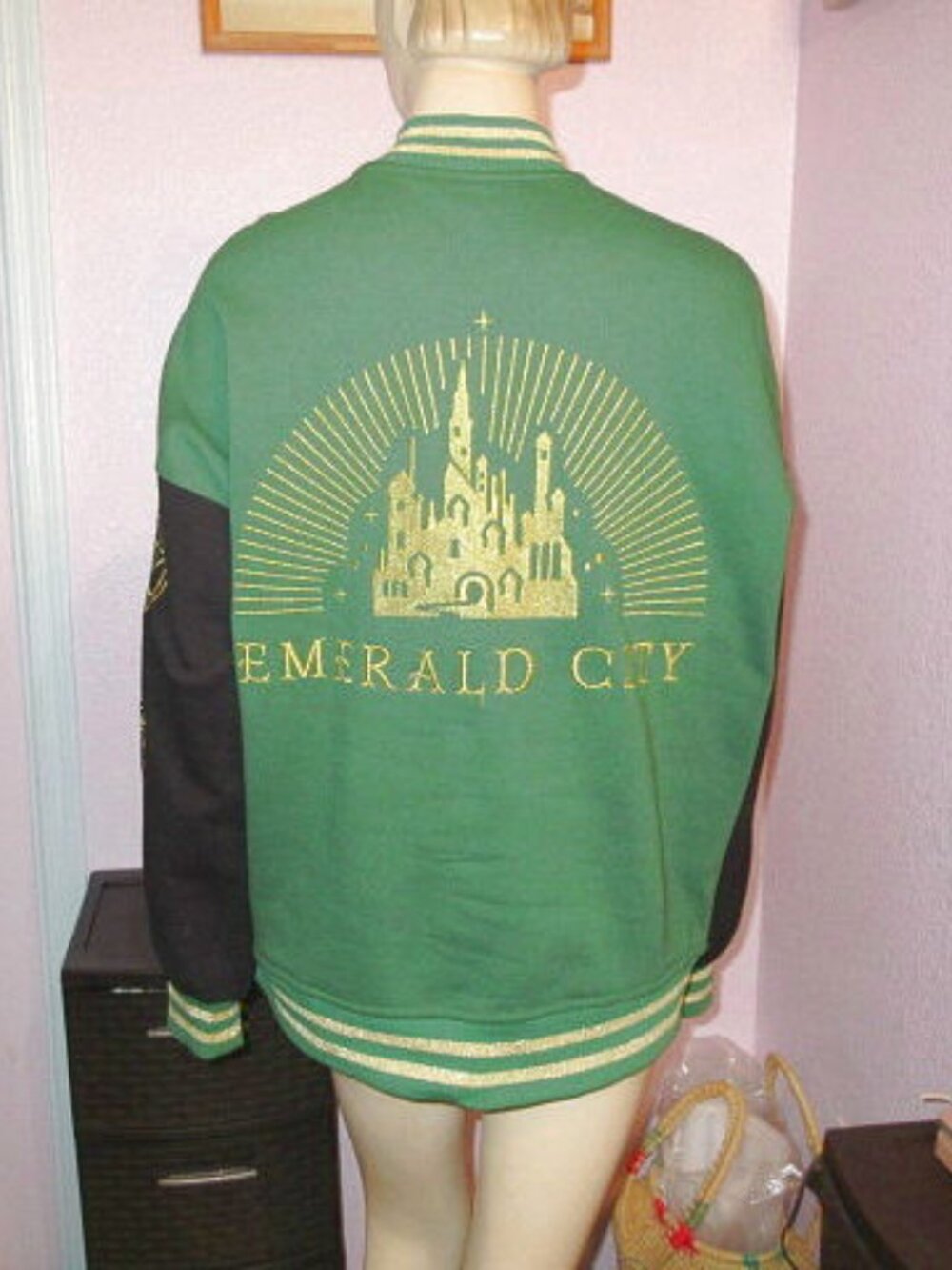Wicked Emerald City Bomber Jacket Size M Glitter Embroidered Oversized Varsity - Picture 1 of 11